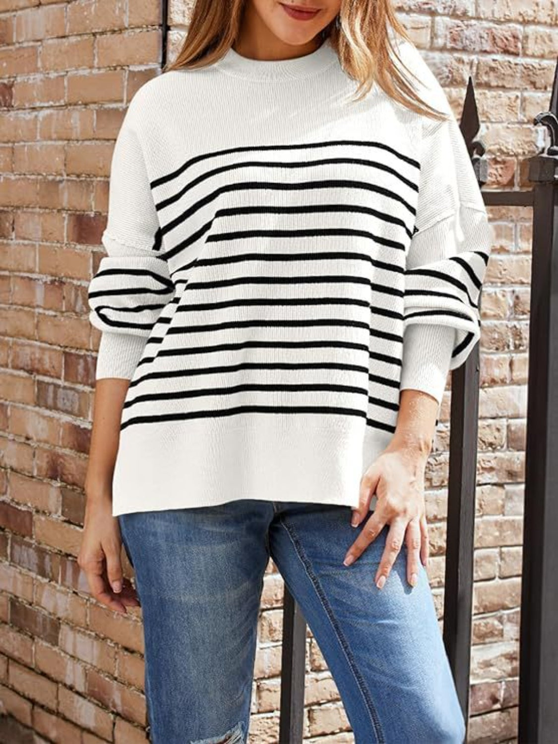 Striped Round Neck Long Sleeve Sweatshirt - Charming Charlie