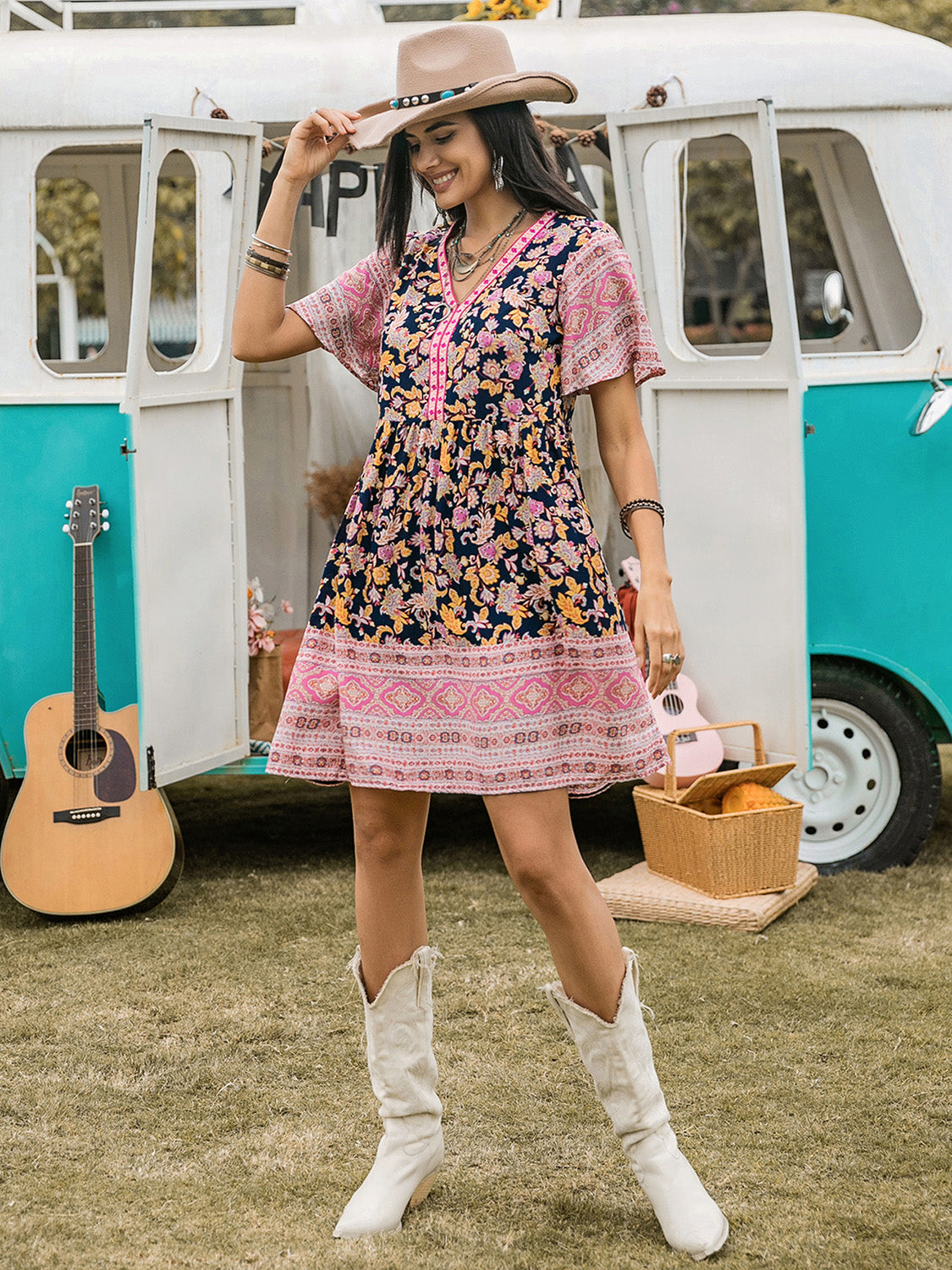 Printed V-Neck Short Sleeve Dress - Charming Charlie