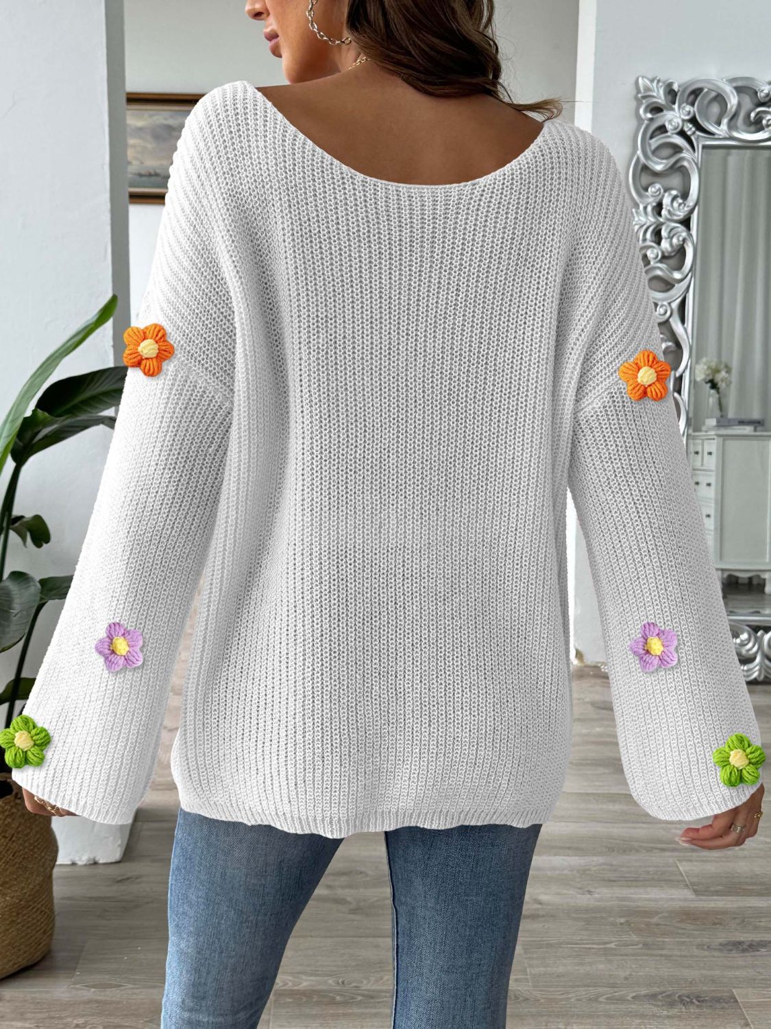 Flower Round Neck Long Sleeve Sweater - Charming Charlie