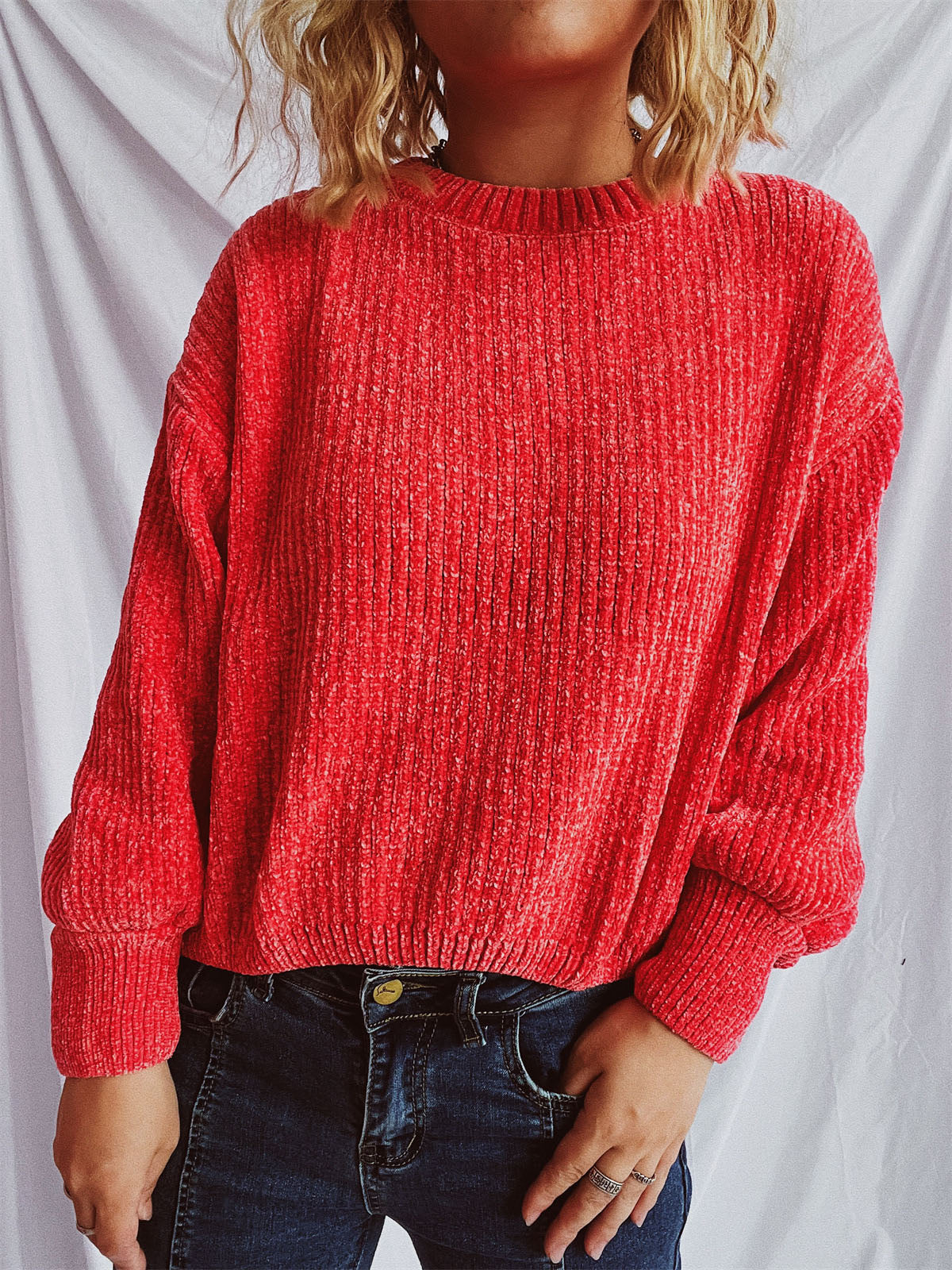 Round Neck Dropped Shoulder Long Sleeve Sweater - Charming Charlie