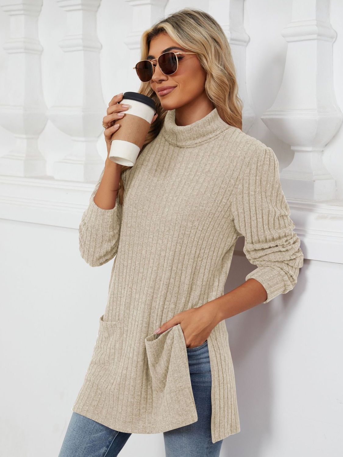Slit Mock Neck Long Sleeve T-Shirt - Charming Charlie