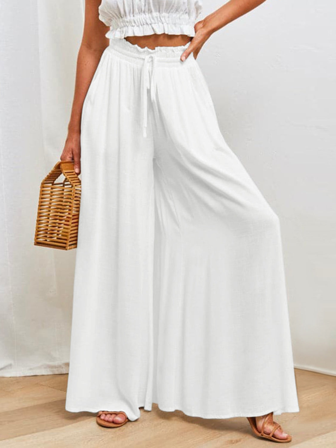 Drawstring Wide Leg Pants with Pockets - Charming Charlie