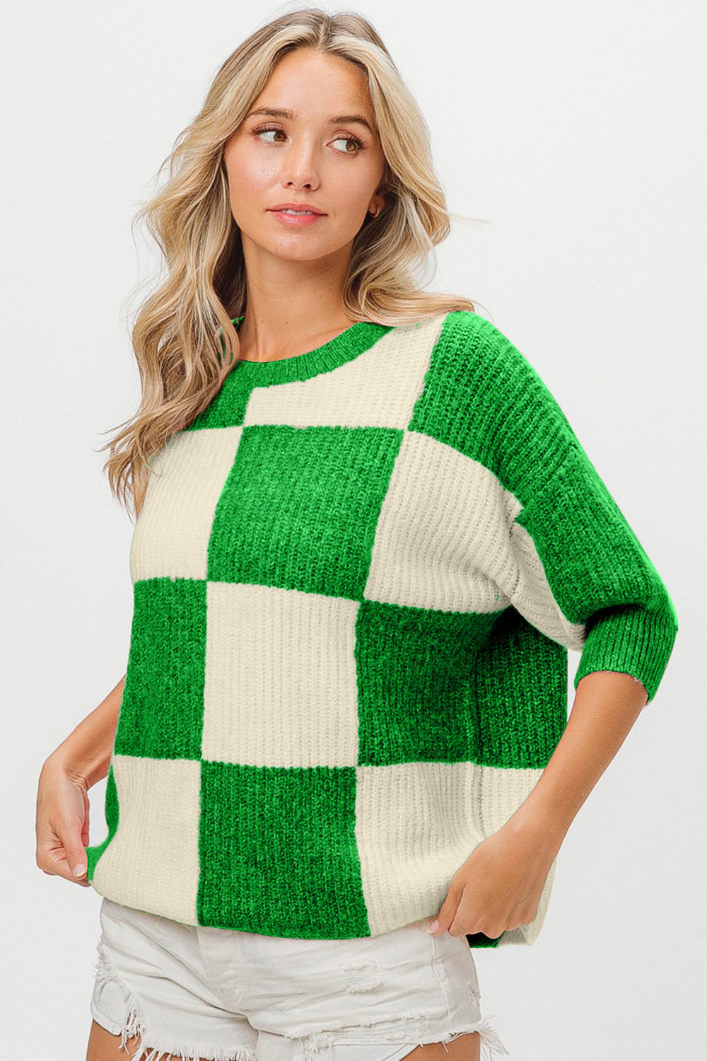 BiBi Checkered Contrast Round Neck Sweater - Charming Charlie
