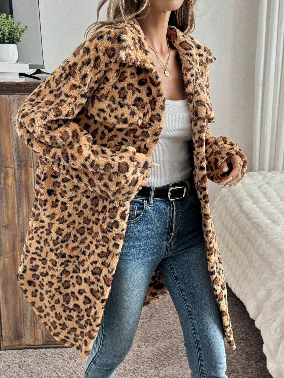 Leopard Button Up Long Sleeve Fuzzy Coat - Charming Charlie