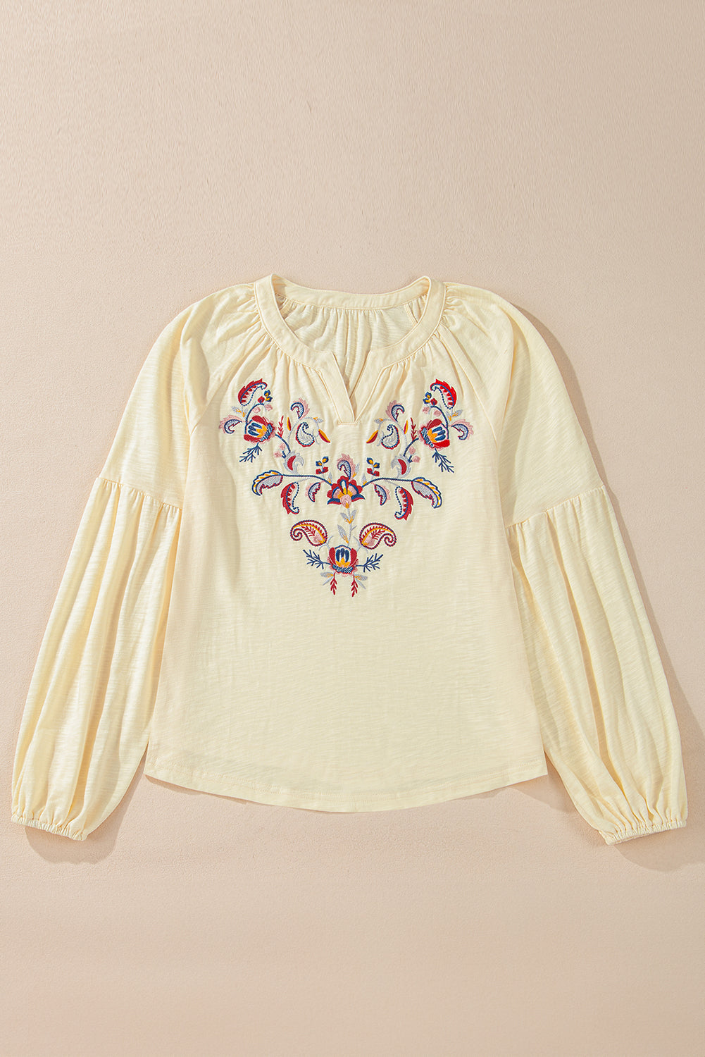 Embroidered Notched Long Sleeve Blouse - Charming Charlie