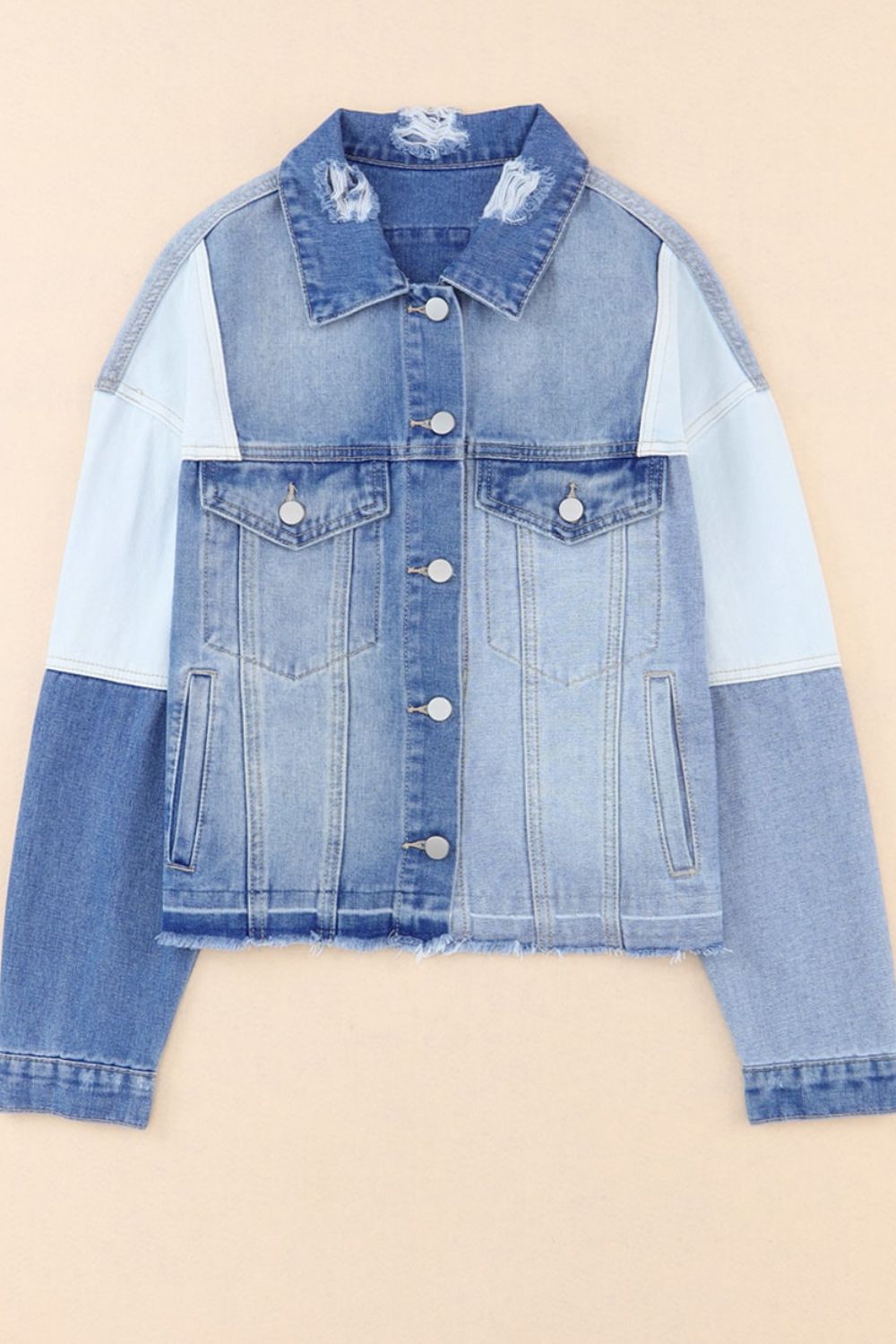 Distressed Button Up Drop Shoulder Denim Jacket - Charming Charlie