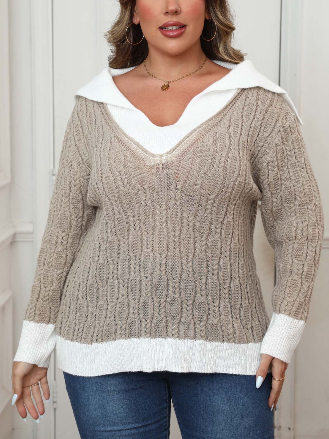 Plus Size Contrast Trim Collared Neck Sweater - Charming Charlie