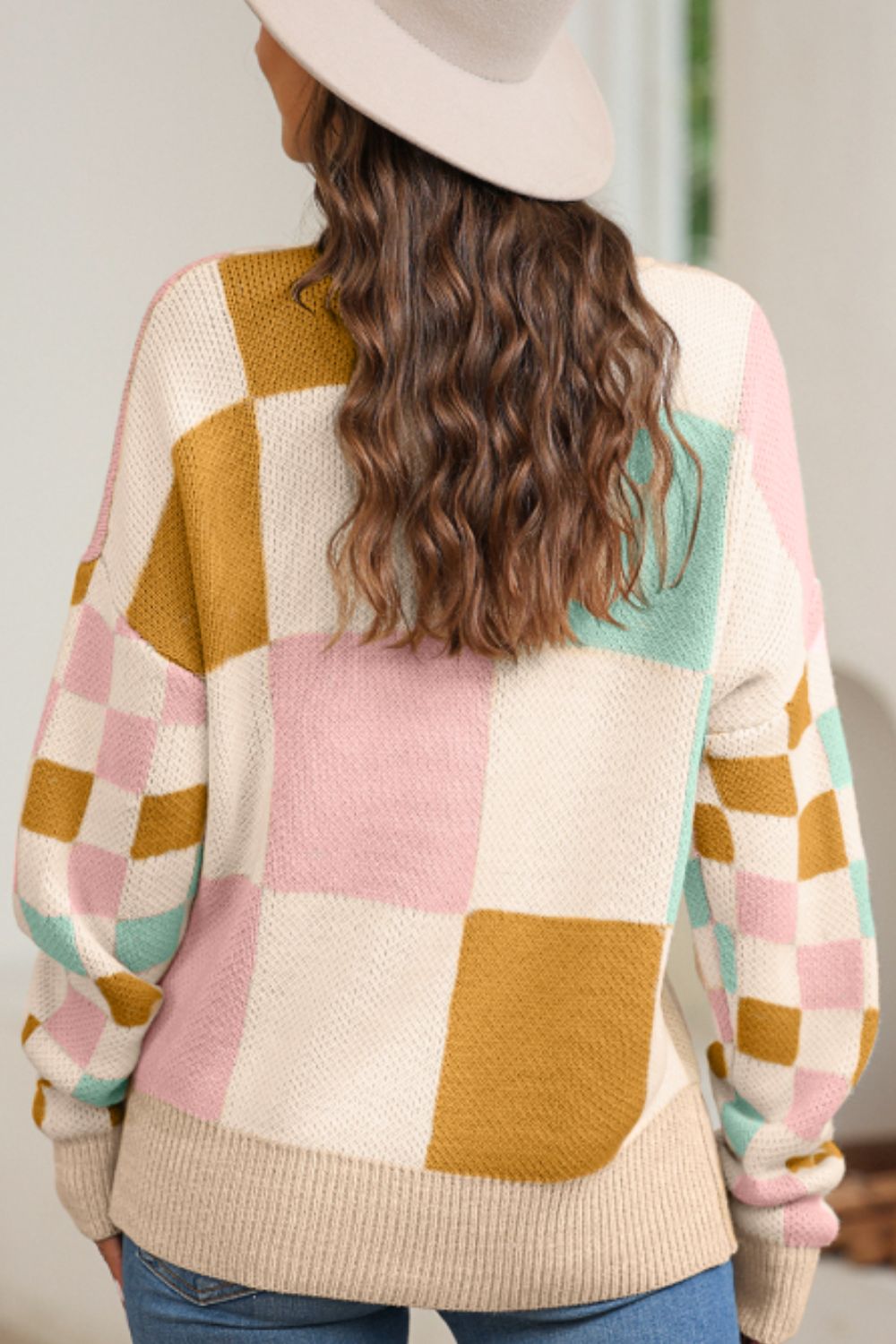 Checkered Round Neck Drop Shoulder Sweater - Charming Charlie
