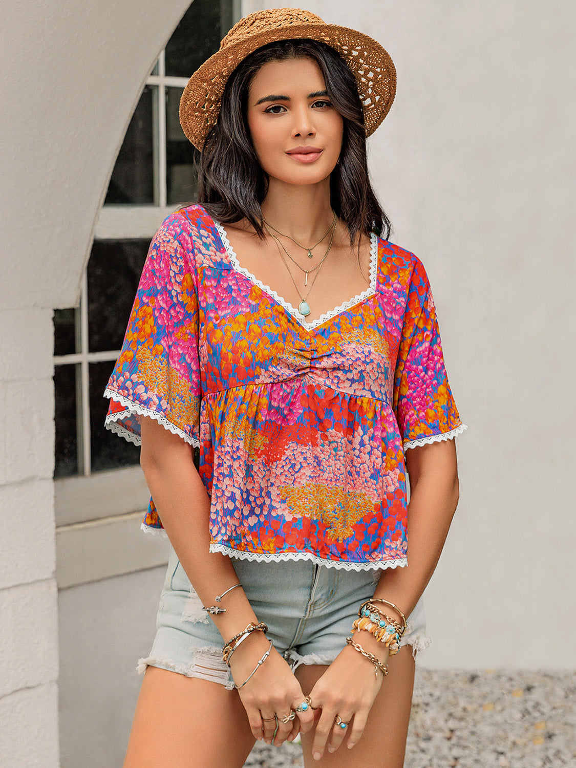 Ruched Printed Half Sleeve Blouse - Charming Charlie