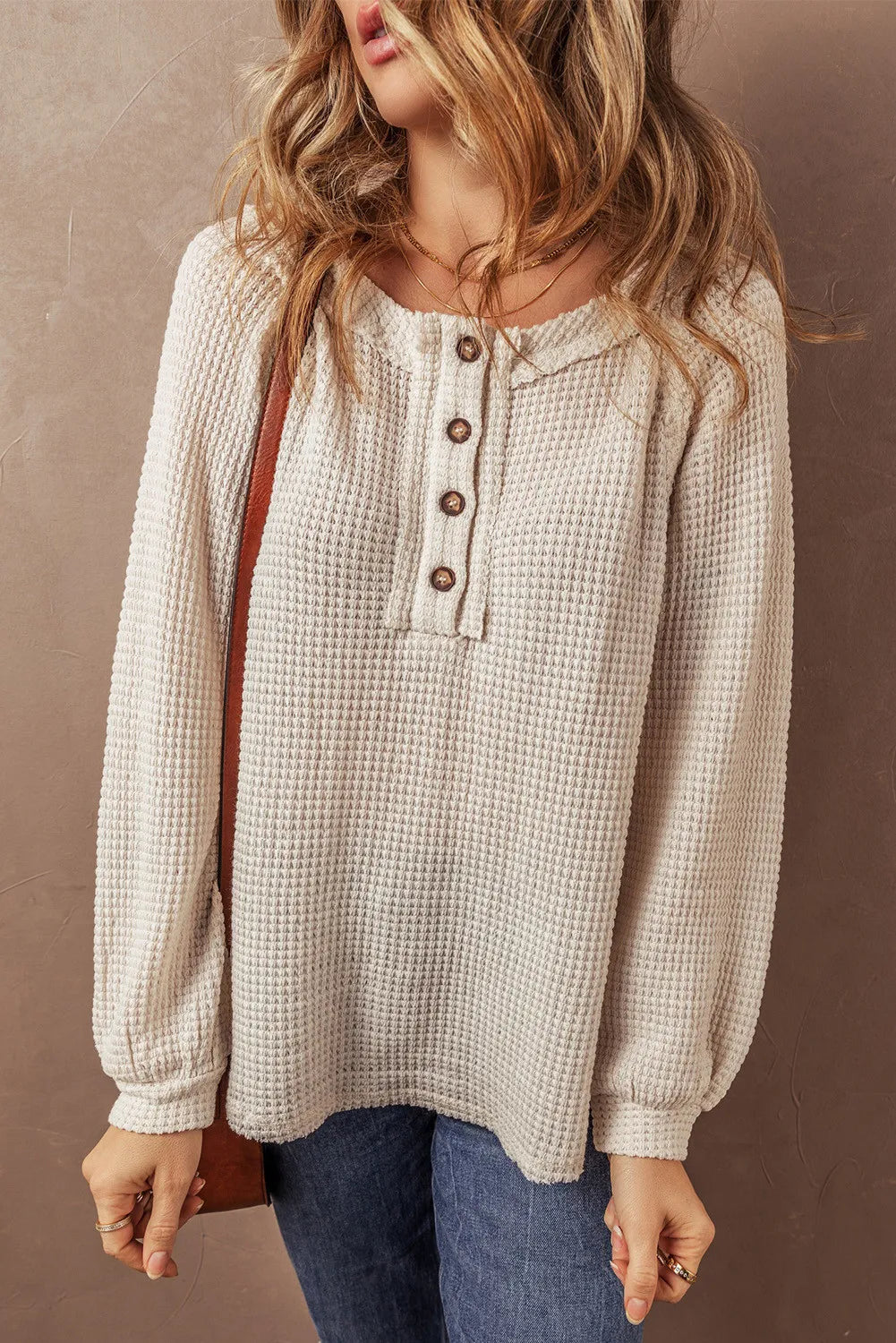 Waffle-Knit Half Button Round Neck Long Sleeve Top - Charming Charlie