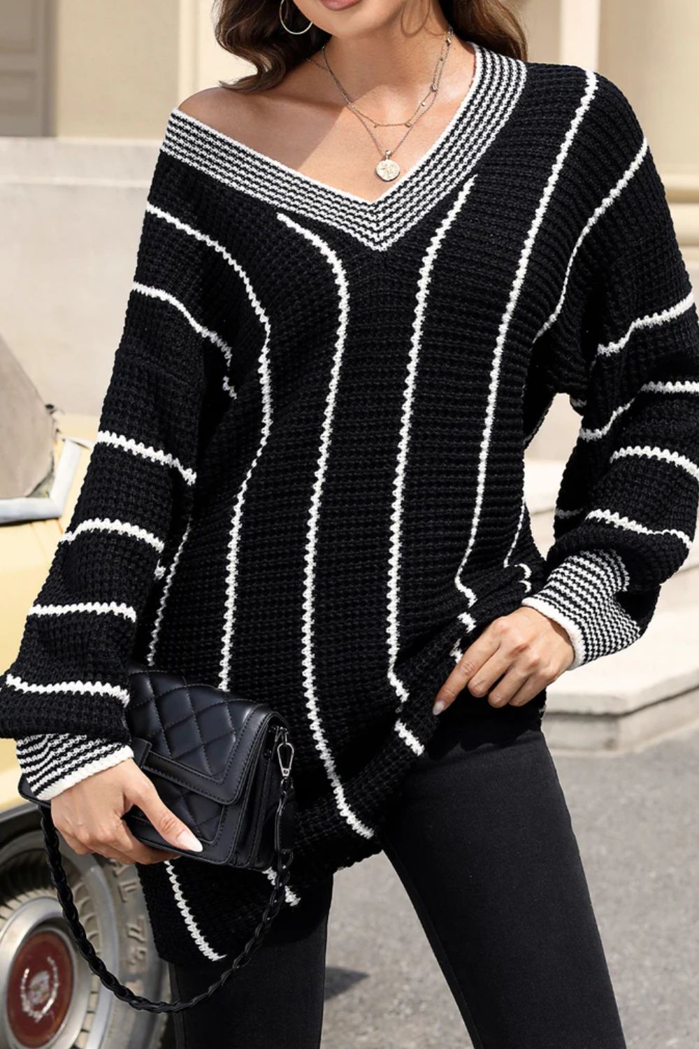 Striped V-Neck Long Sleeve Sweater - Charming Charlie