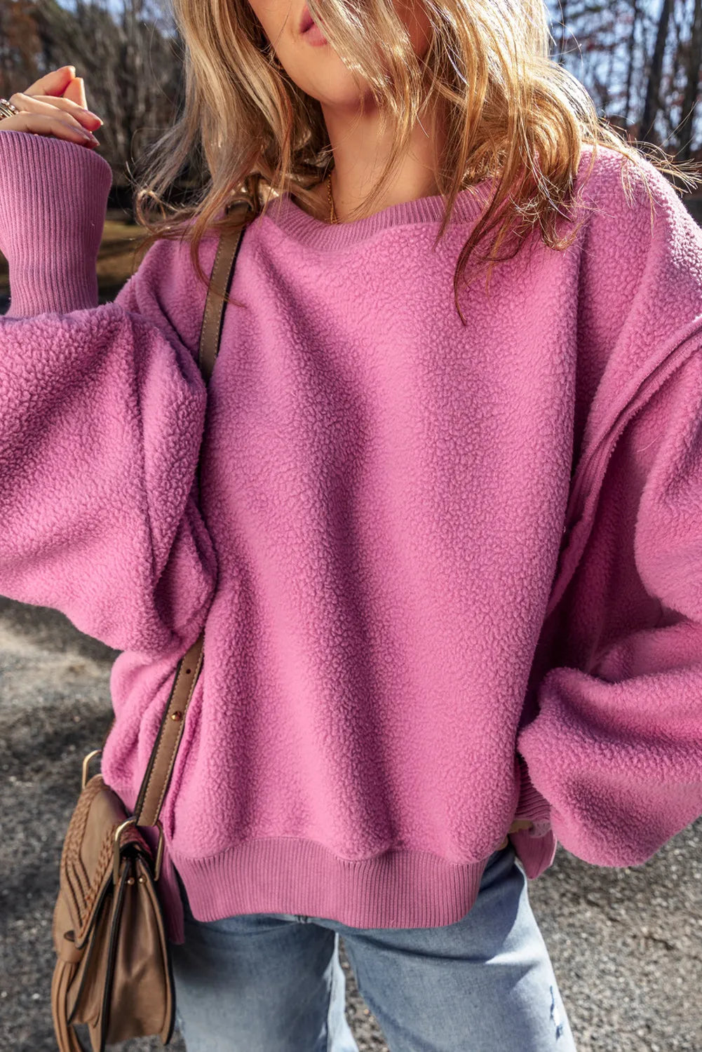 Slit Round Neck Long Sleeve Sweatshirt - Charming Charlie