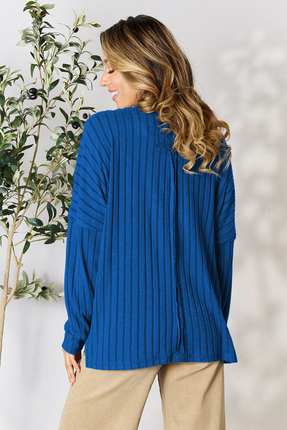 Basic Bae Full Size Ribbed Round Neck Slit Knit Top - Charming Charlie