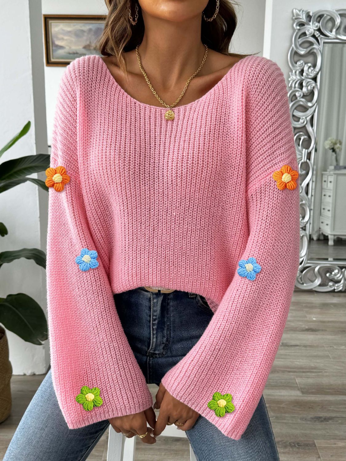 Flower Round Neck Long Sleeve Sweater - Charming Charlie