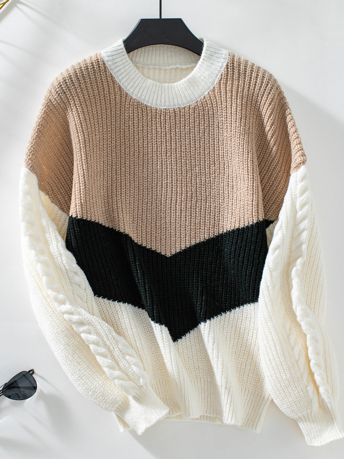 Contrast Round Neck Long Sleeve Sweater - Charming Charlie
