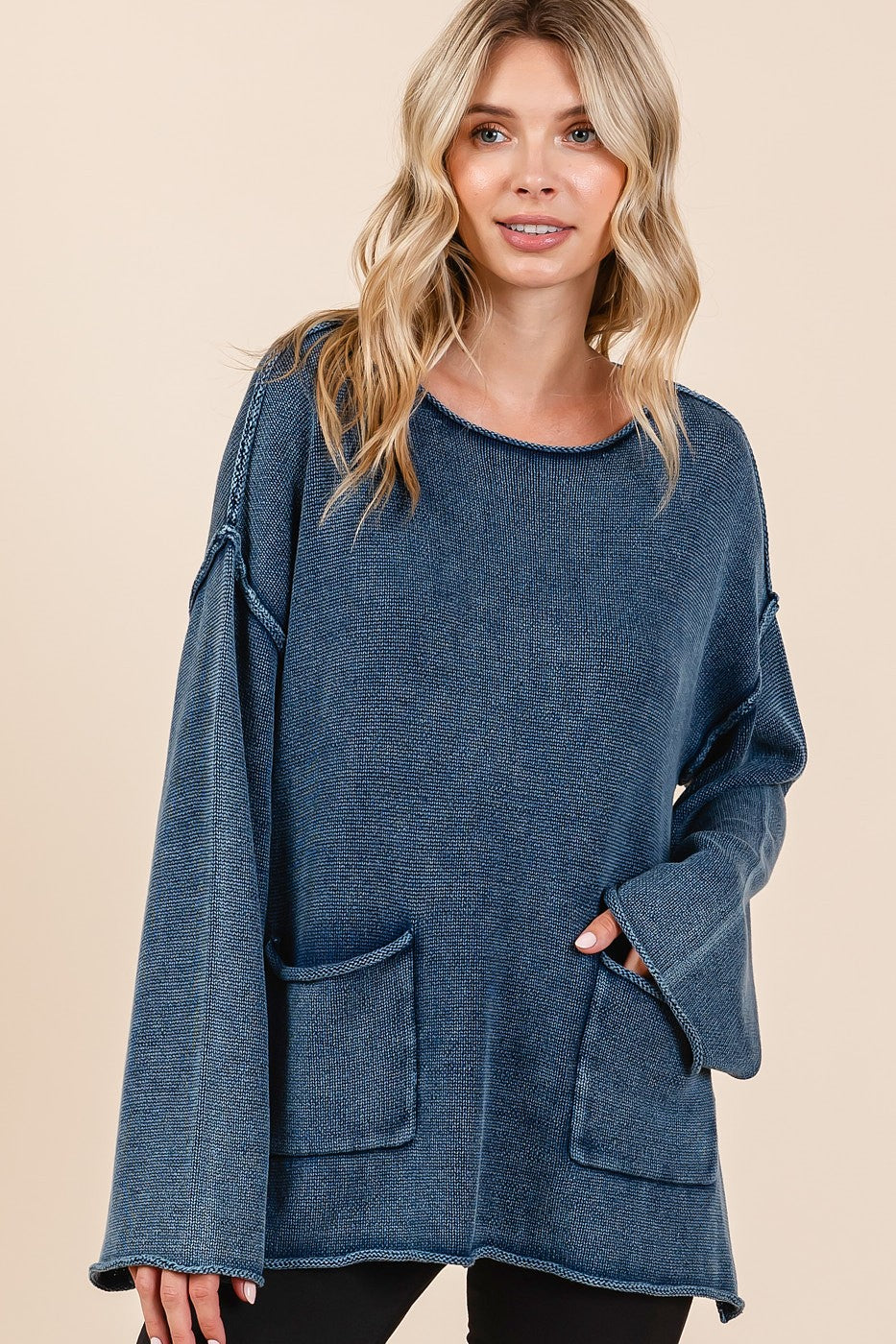 Mittoshop Mineral Wash Patch Pocket Cut Edge Sweater - Charming Charlie