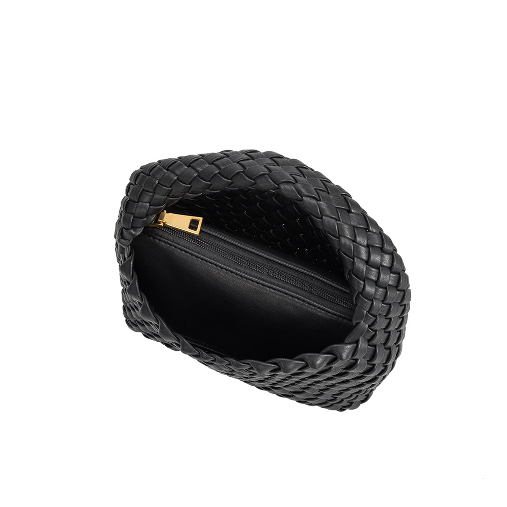 A small black hand woven vegan leather top handle bag with a zip pouch inside.