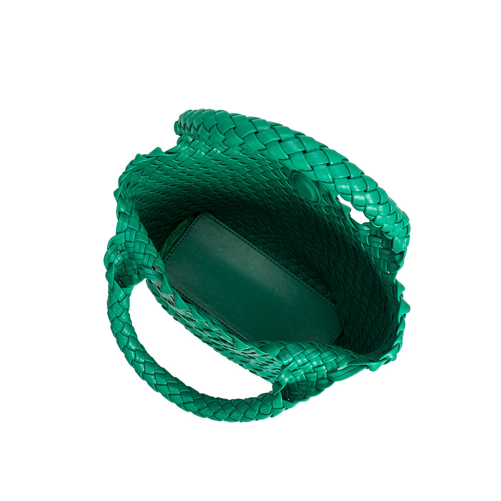 A small green woven recycled vegan leather tote bag with double handle.