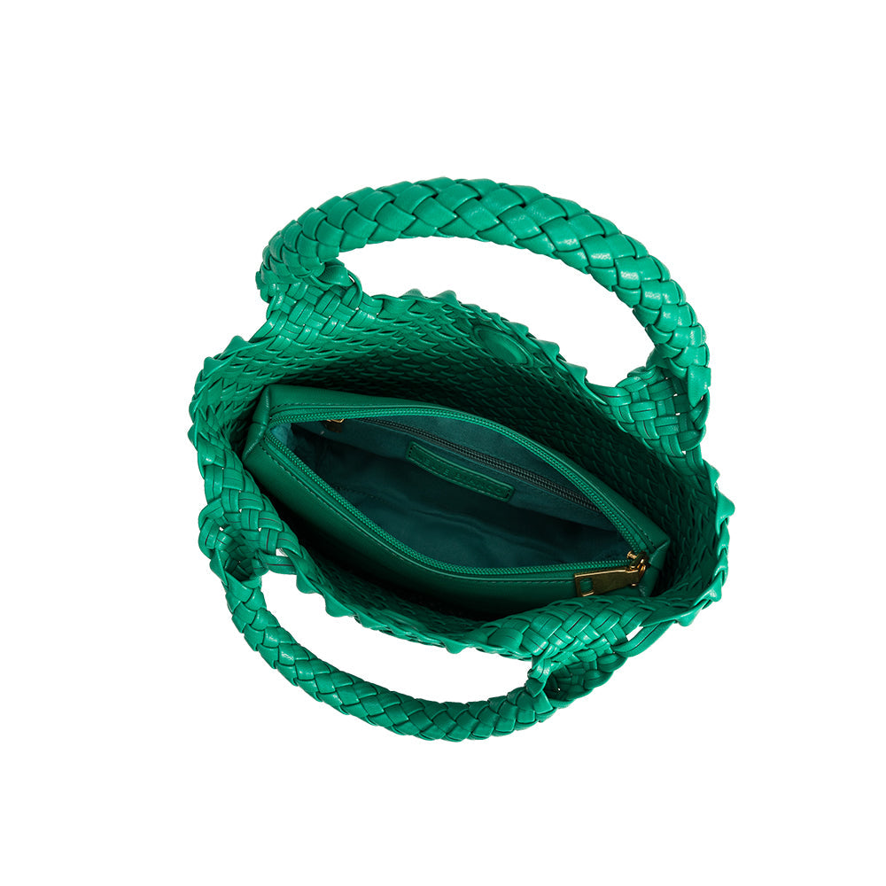 A small green woven recycled vegan leather tote bag with zip pouch inside.
