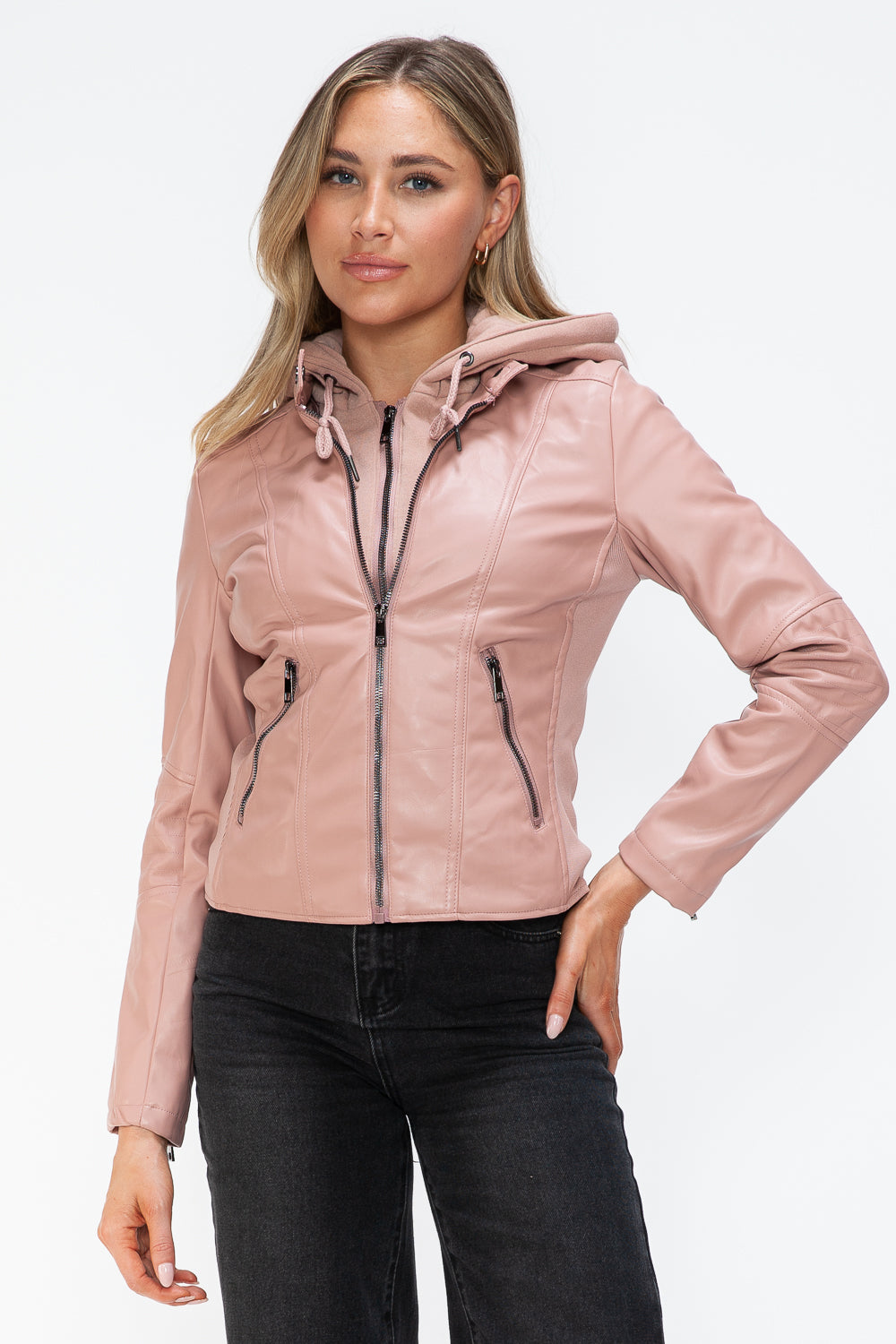 Snobbish Faux Leather Zip Up Drawstring Hooded Jacket - Charming Charlie
