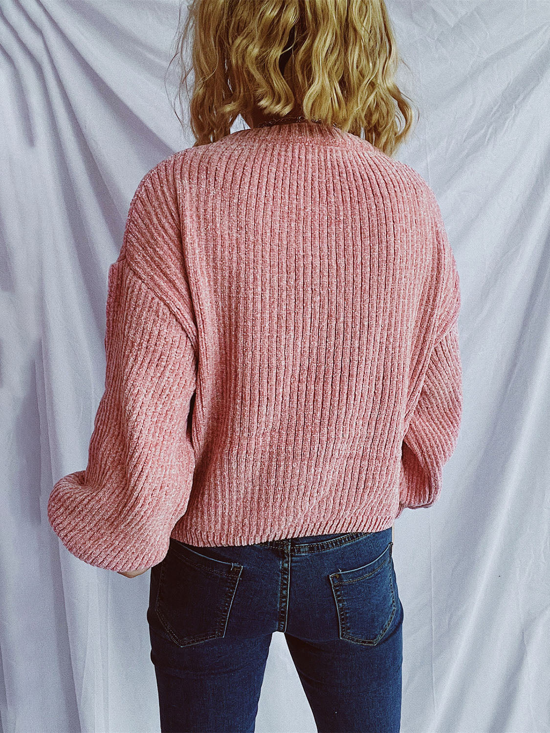 Round Neck Dropped Shoulder Long Sleeve Sweater - Charming Charlie