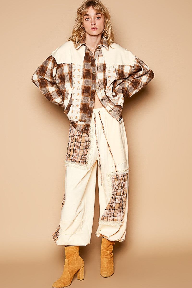 POL Plaid & Star Patchwork Contrast Long Sleeve Shacket - Charming Charlie