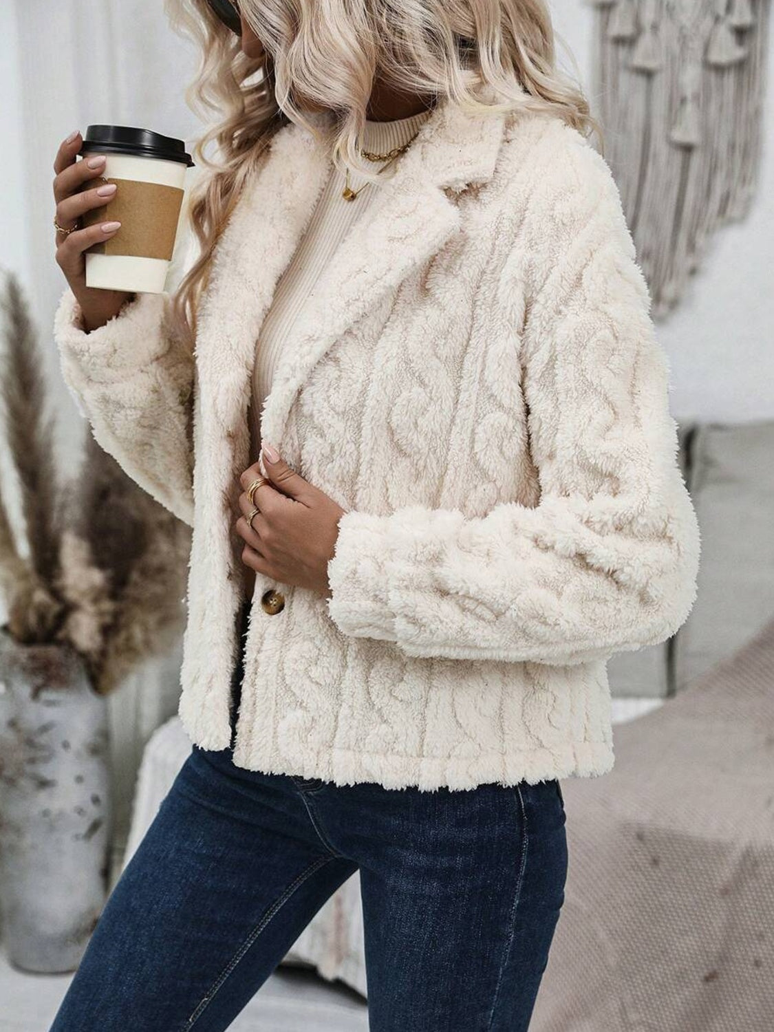 Fuzzy Button Up Collared Neck Jacket - Charming Charlie
