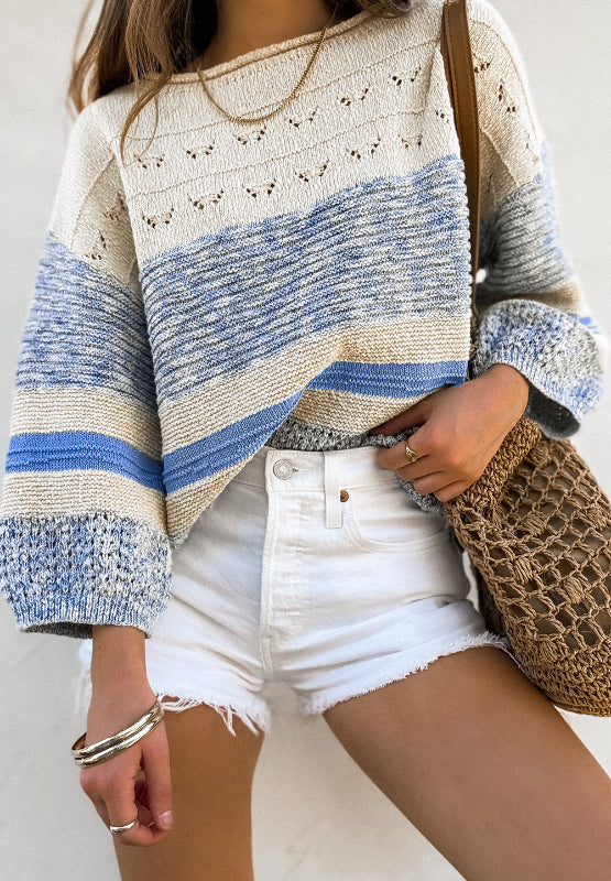 Contrast Round Neck Long Sleeve Sweater - Charming Charlie