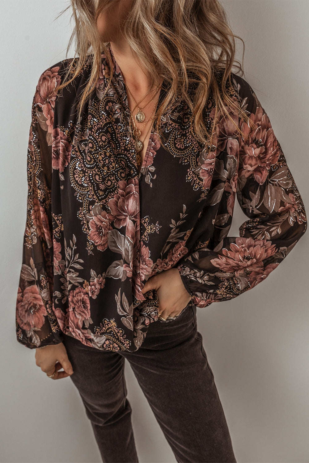Printed Surplice Long Sleeve Blouse - Charming Charlie