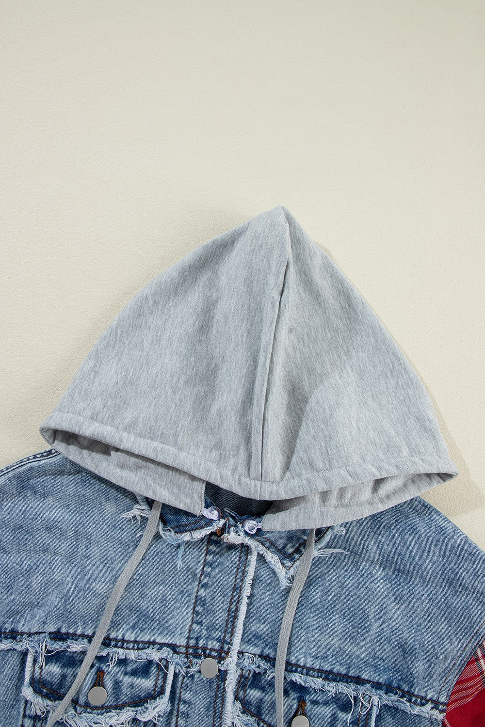 Raw Hem Drawstring Plaid Denim Jacket - Charming Charlie