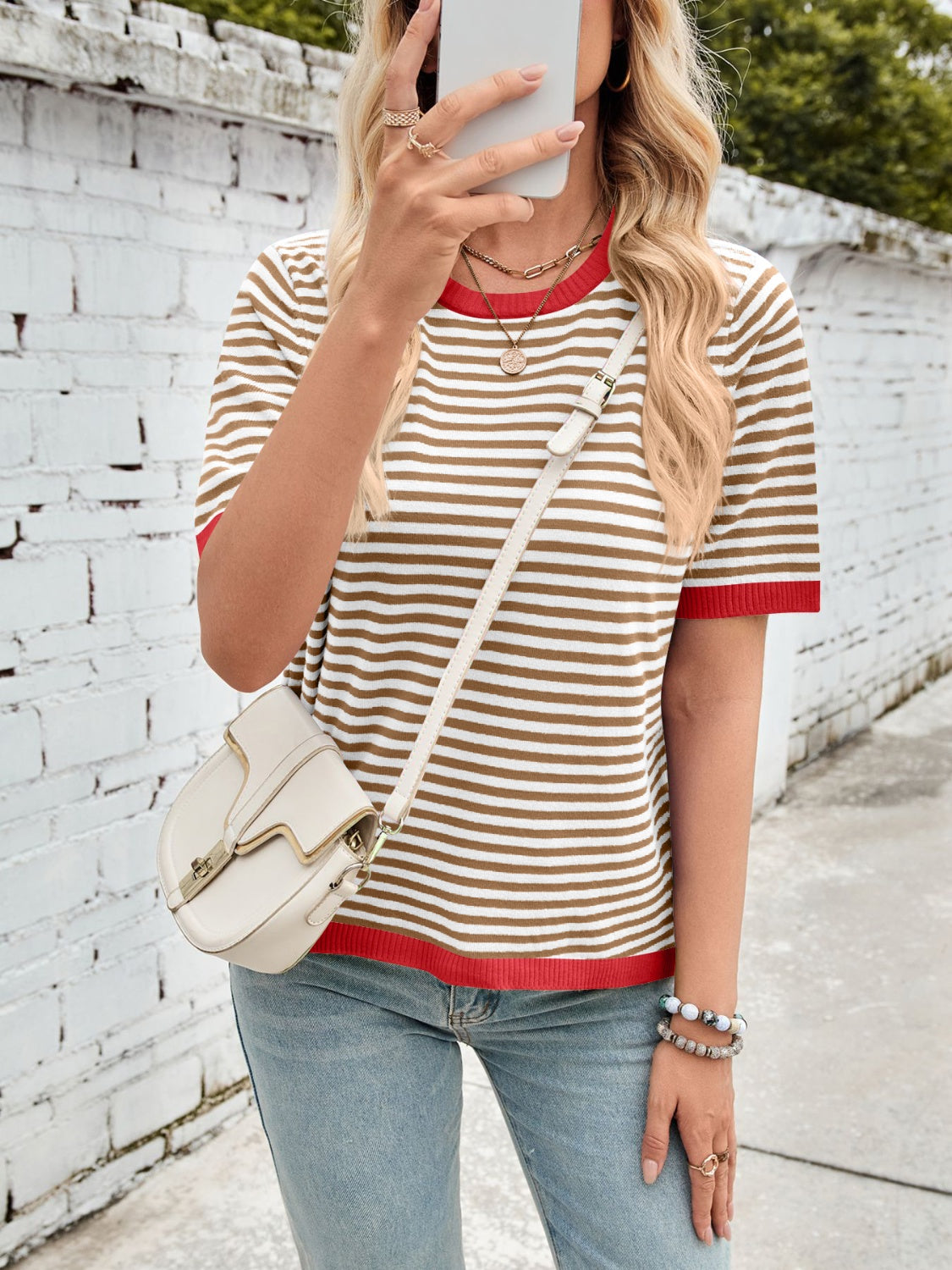Lovelet Striped Contrast Round Neck Half Sleeve Knit Top - Charming Charlie