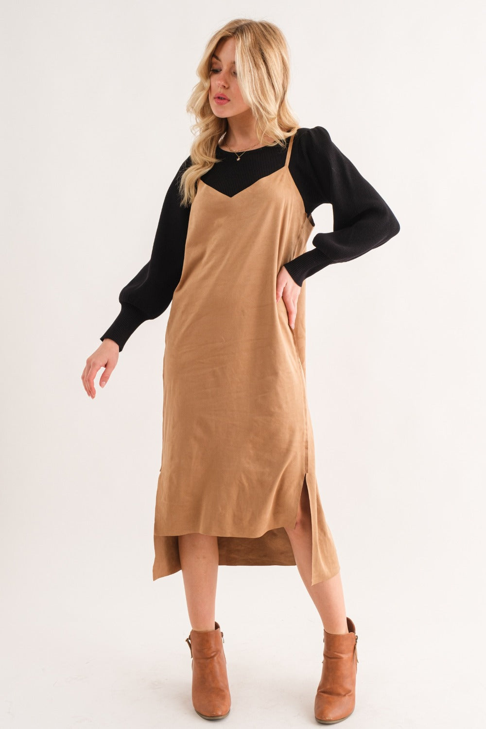 And The Why Faux Suede Cut Edge Slit Cami Midi Dress - Charming Charlie