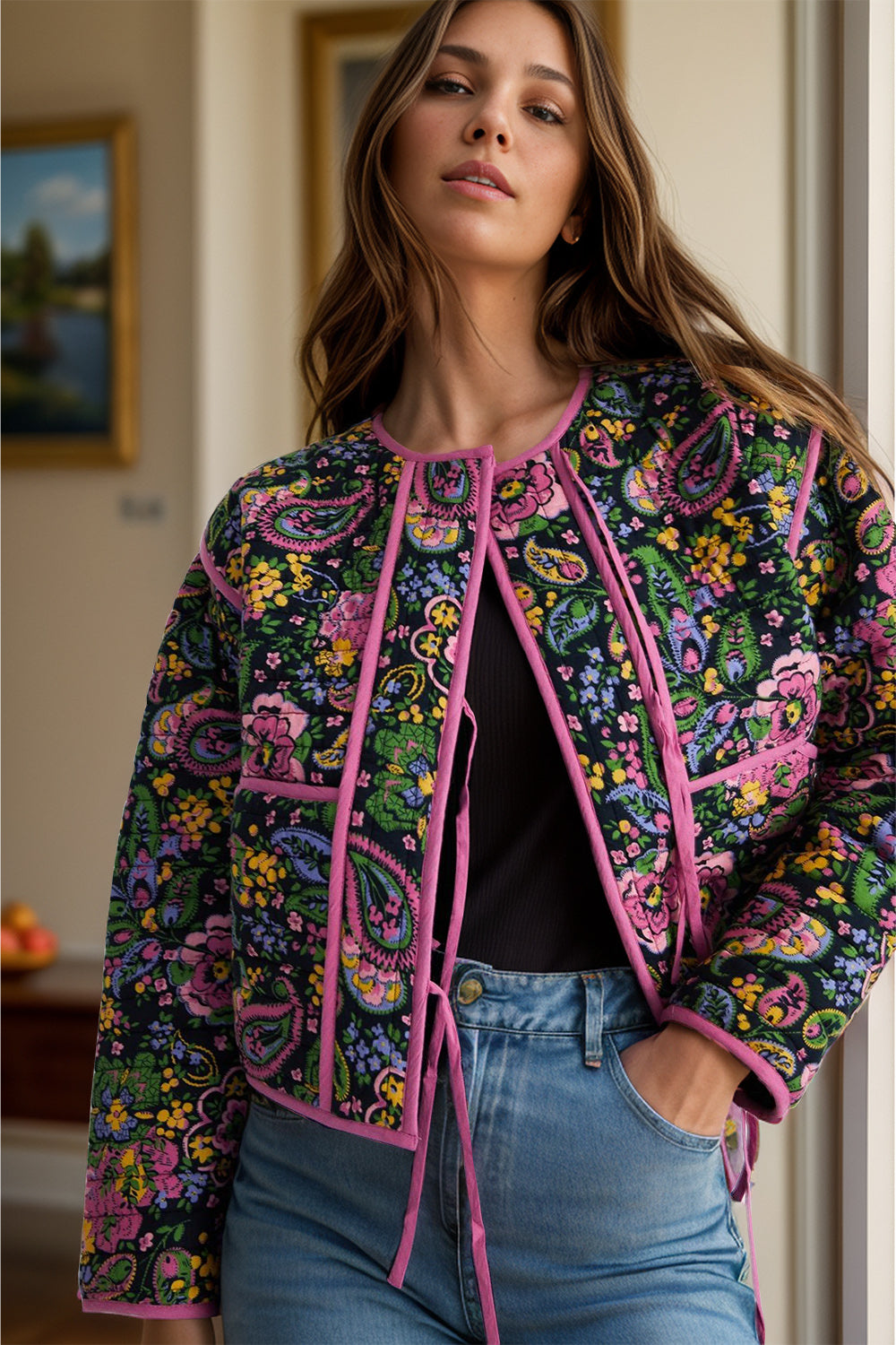 Tied Printeded Long Sleeve Jacket - Charming Charlie