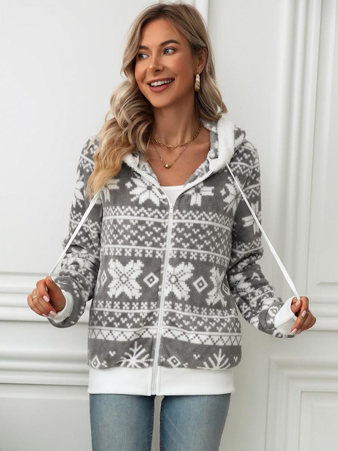 Drawstring Snowflake Zip Up Hooded Outerwear - Charming Charlie