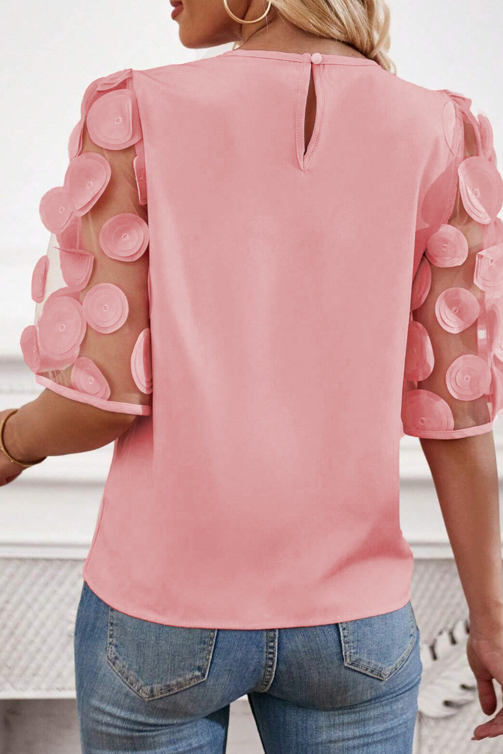 Applique Round Neck Half Sleeve Blouse - Charming Charlie