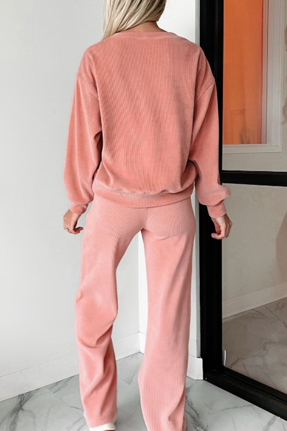 Round Neck Long Sleeve Top and Pants Set - Charming Charlie