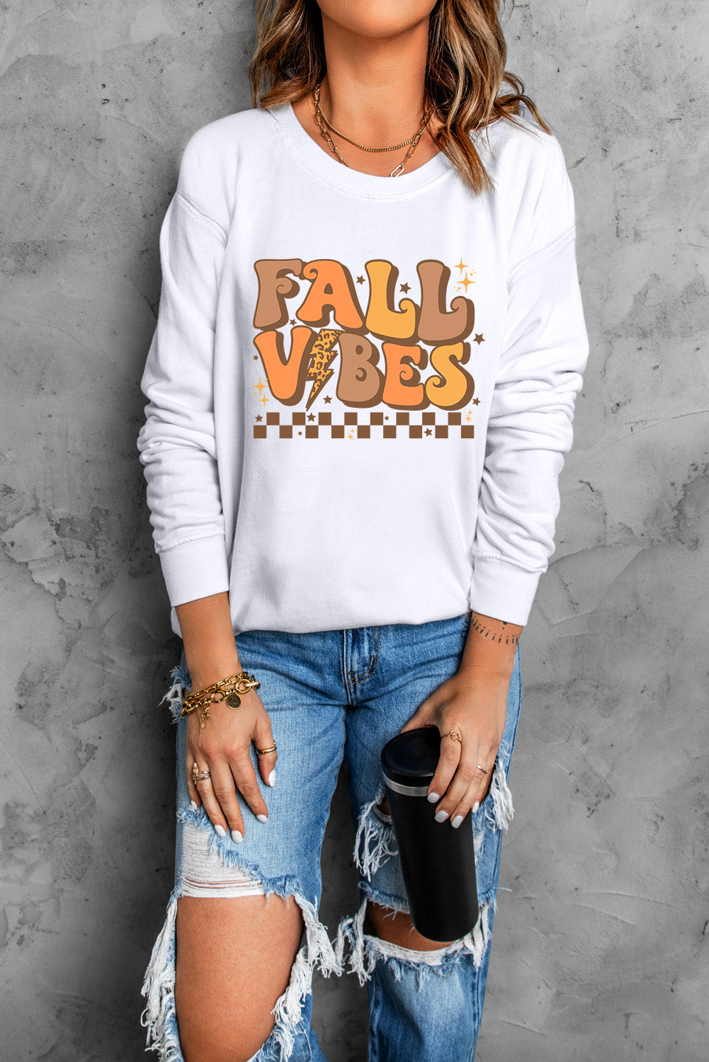 Letter Graphic Round Neck Long Sleeve Sweatshirt - Charming Charlie