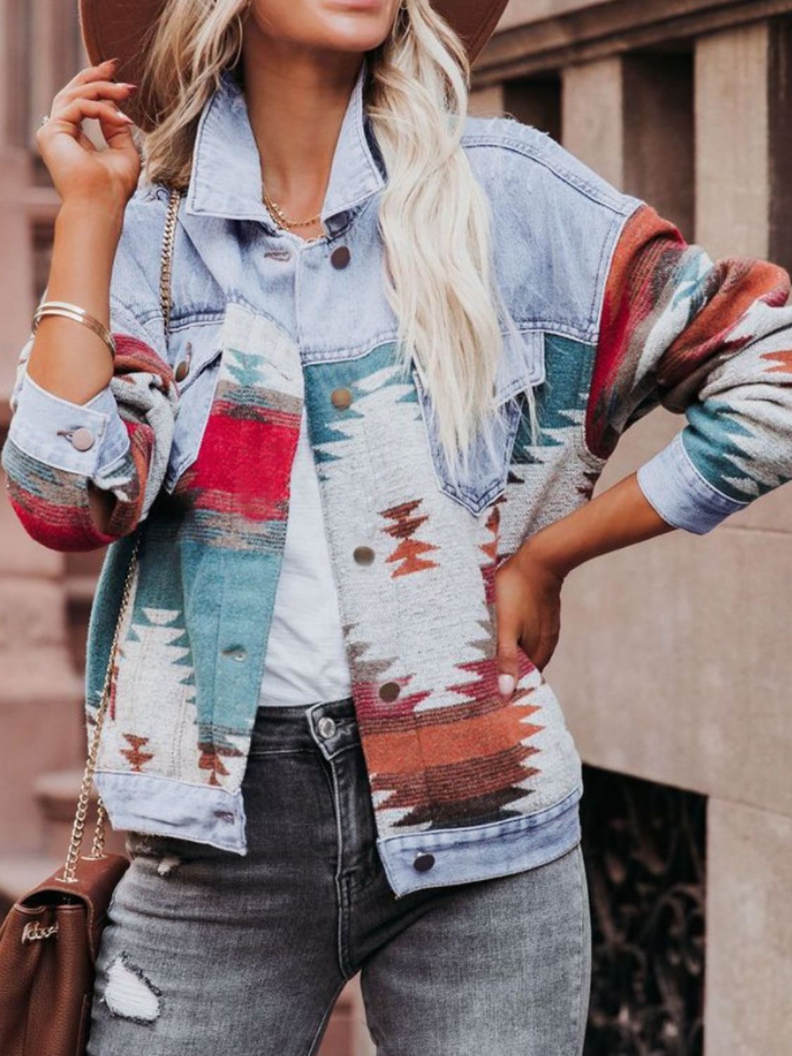 Geometric Button Up Long Sleeve Denim Jacket - Charming Charlie