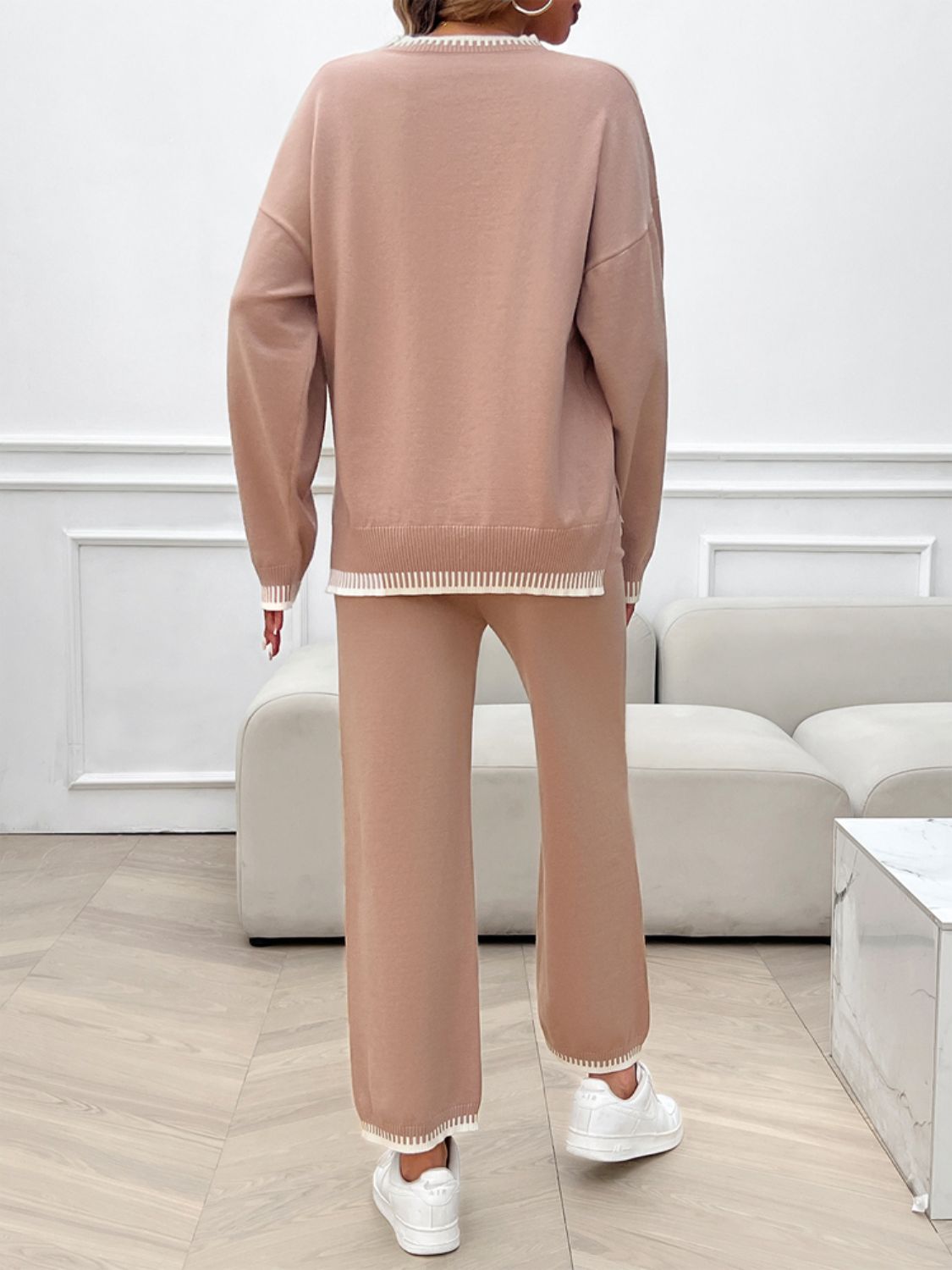 Round Neck Dropped Shoulder Top and Pants Sweater Set - Charming Charlie