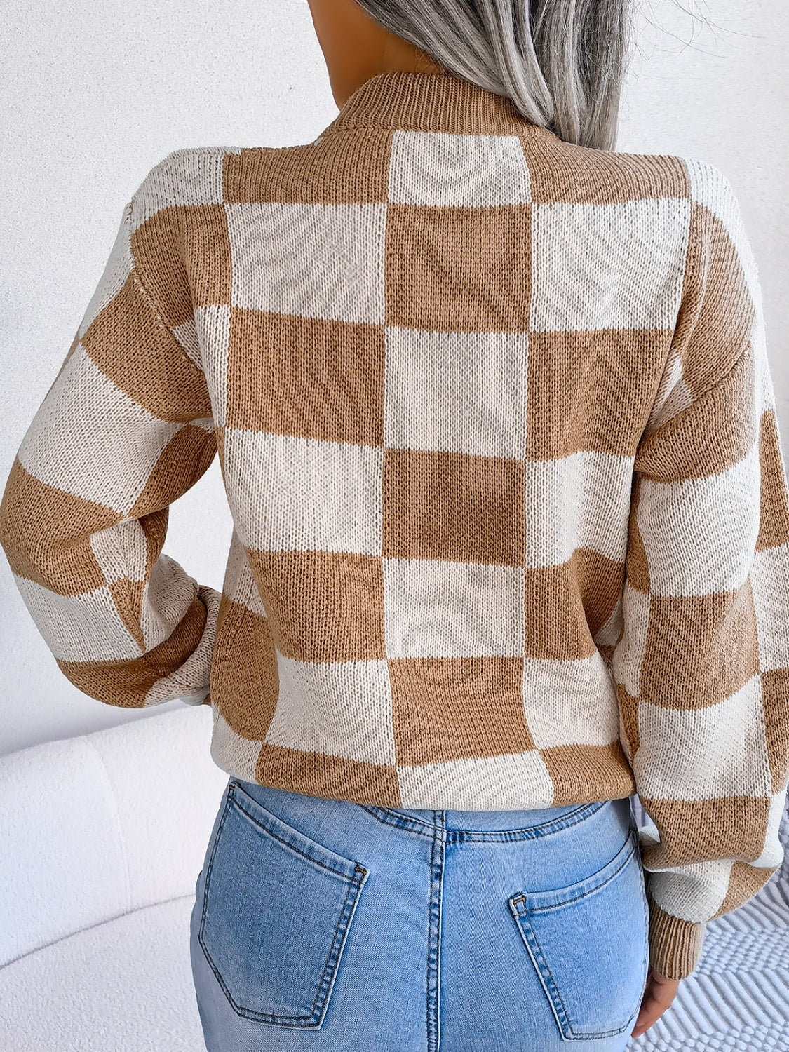 Checkered Mock Neck Long Sleeve Sweater - Charming Charlie