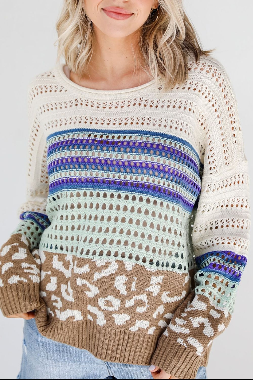 Leopard Striped Round Neck Crochet Knit Top - Charming Charlie