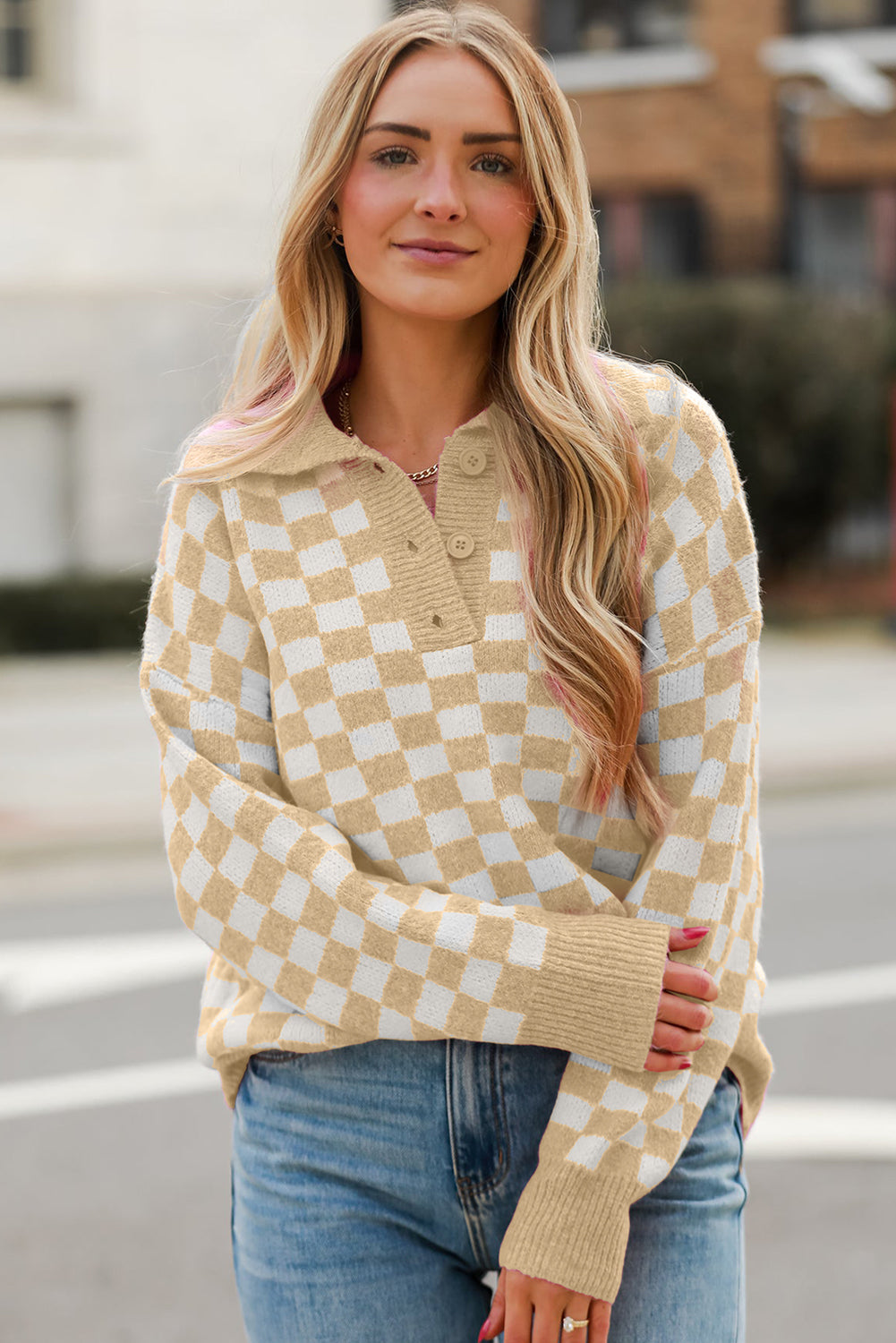 Checkered Collared Neck Long Sleeve Sweater - Charming Charlie