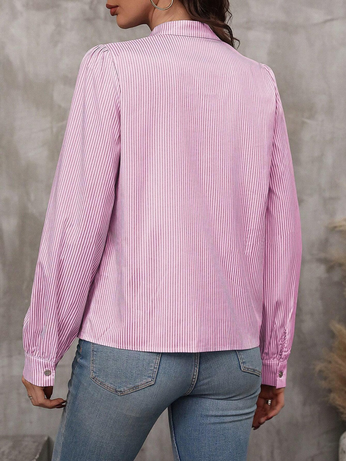 Striped Tie Neck Long Sleeve Blouse - Charming Charlie