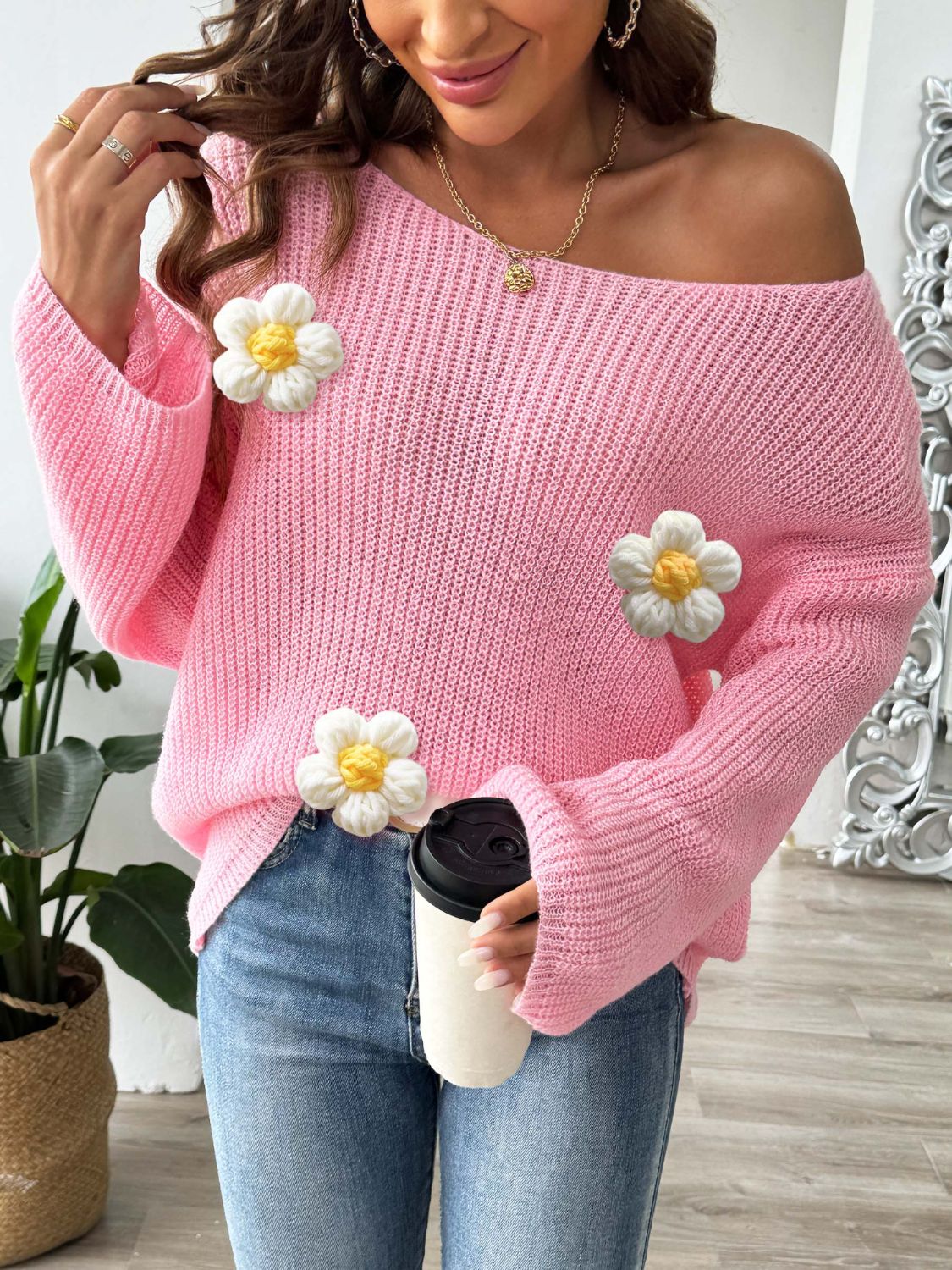 Flower Round Neck Long Sleeve Sweater - Charming Charlie