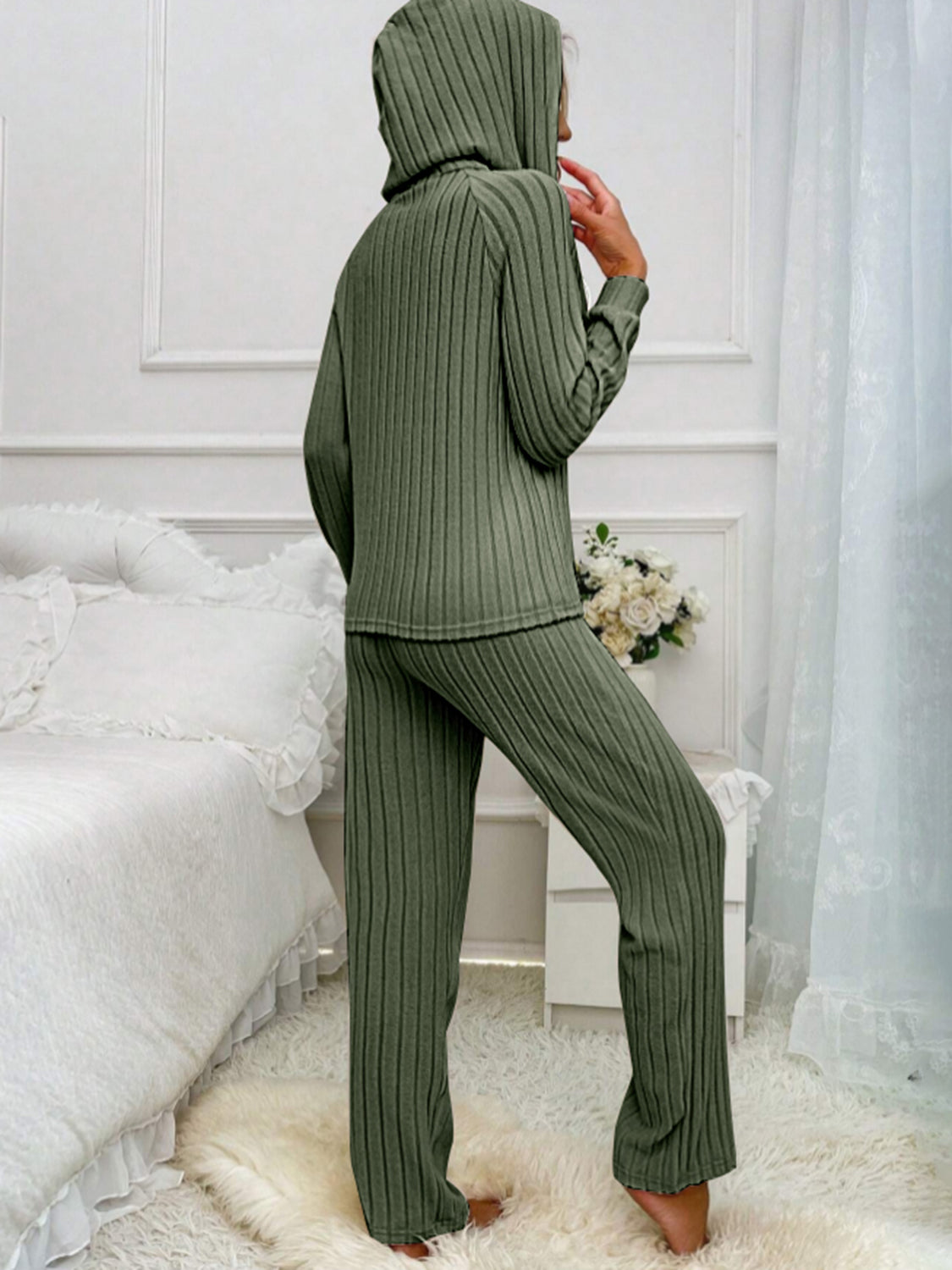 Drawstring Half Button Hooded Top and Ribbed Pants Set - Charming Charlie