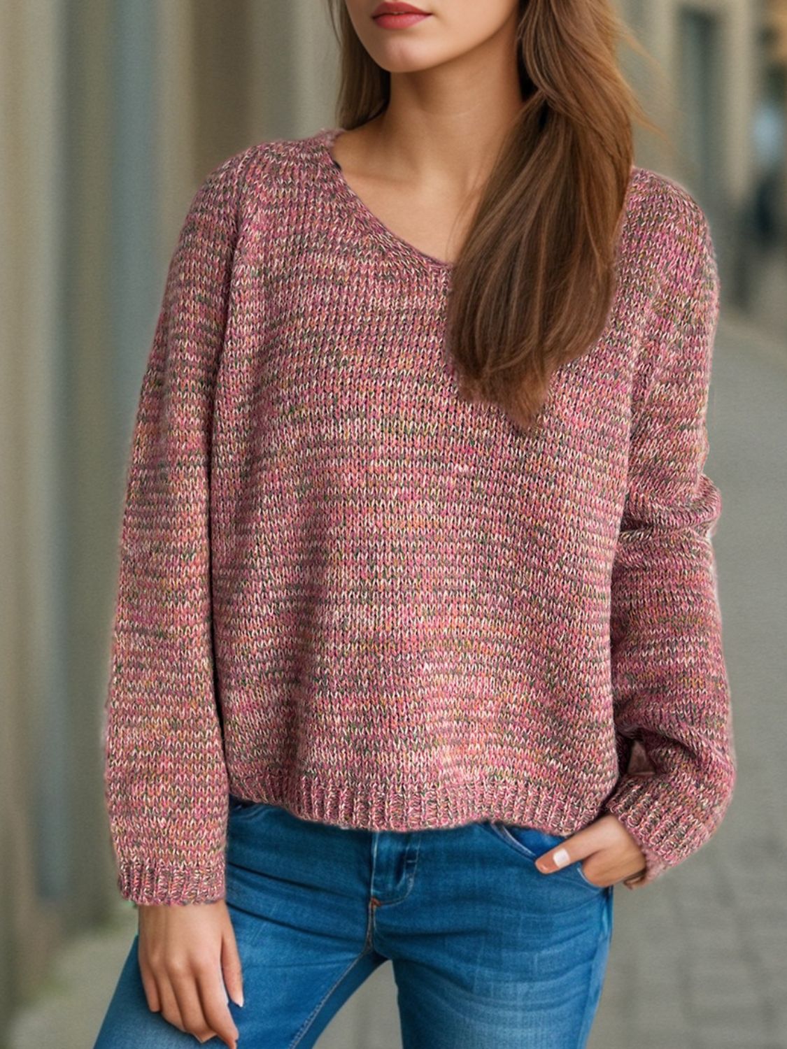 Heathered V-Neck Long Sleeve Sweater - Charming Charlie