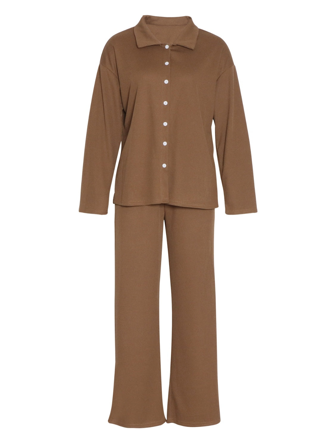 Collared Neck Long Sleeve Top and Drawstring Pants Set - Charming Charlie