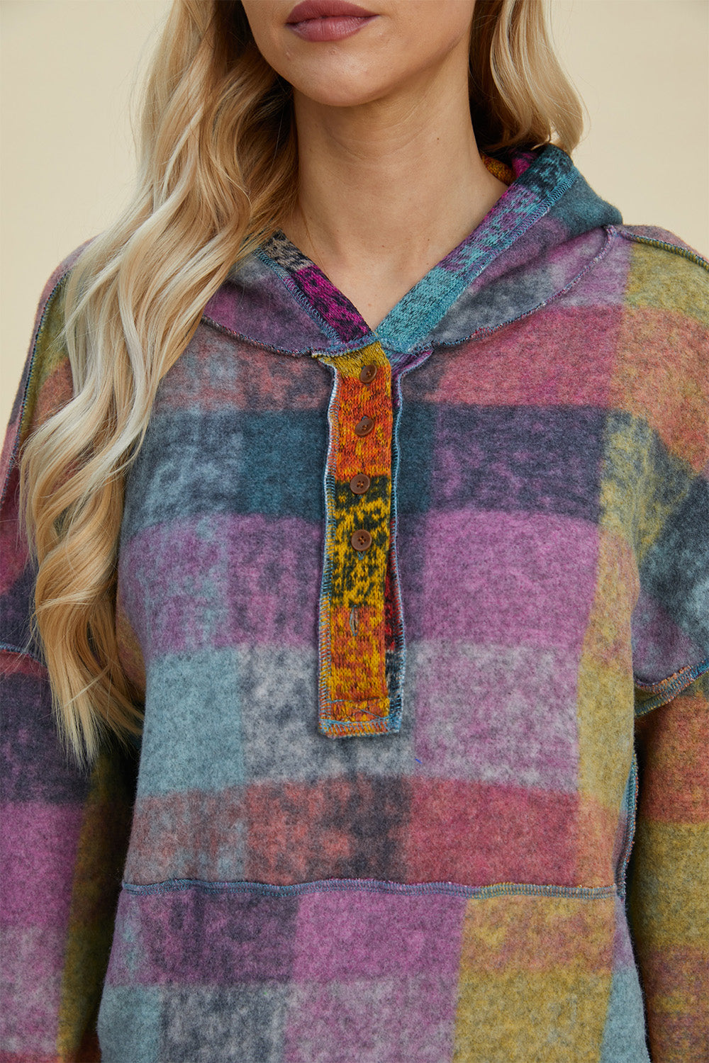 Double Take Full Size Plaid Dropped Shoulder Fleece Hoodie - Charming Charlie
