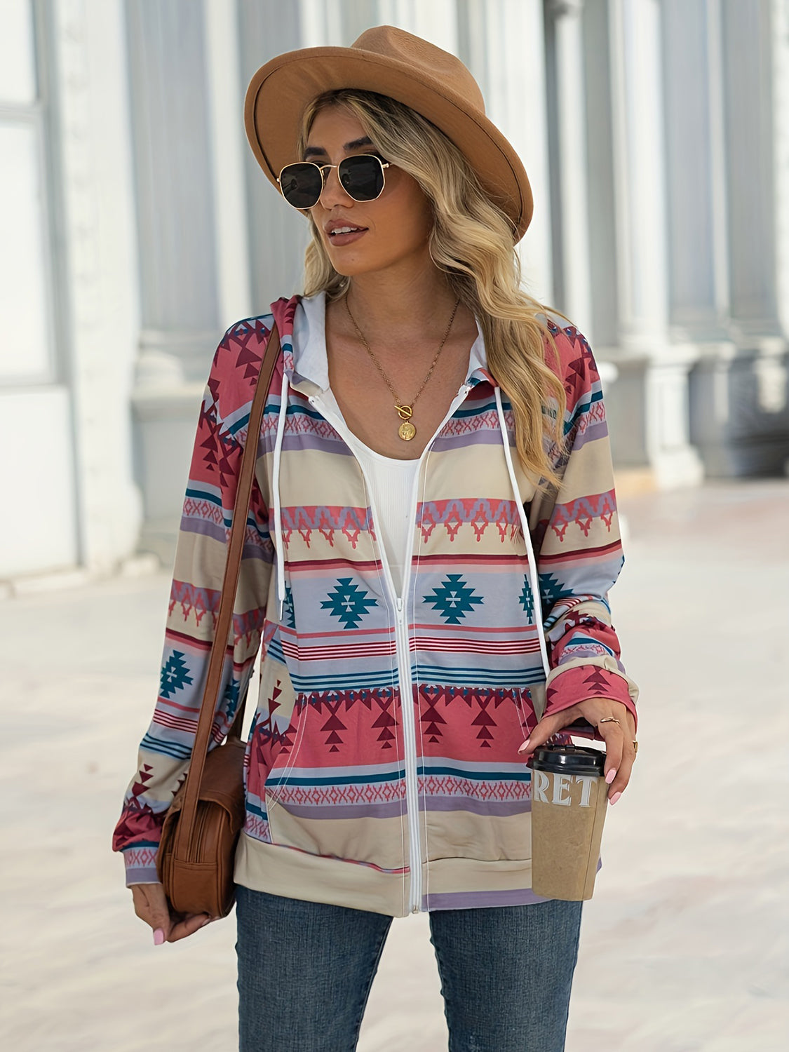 Geometric Zip Up Long Sleeve Hooded Jacket - Charming Charlie