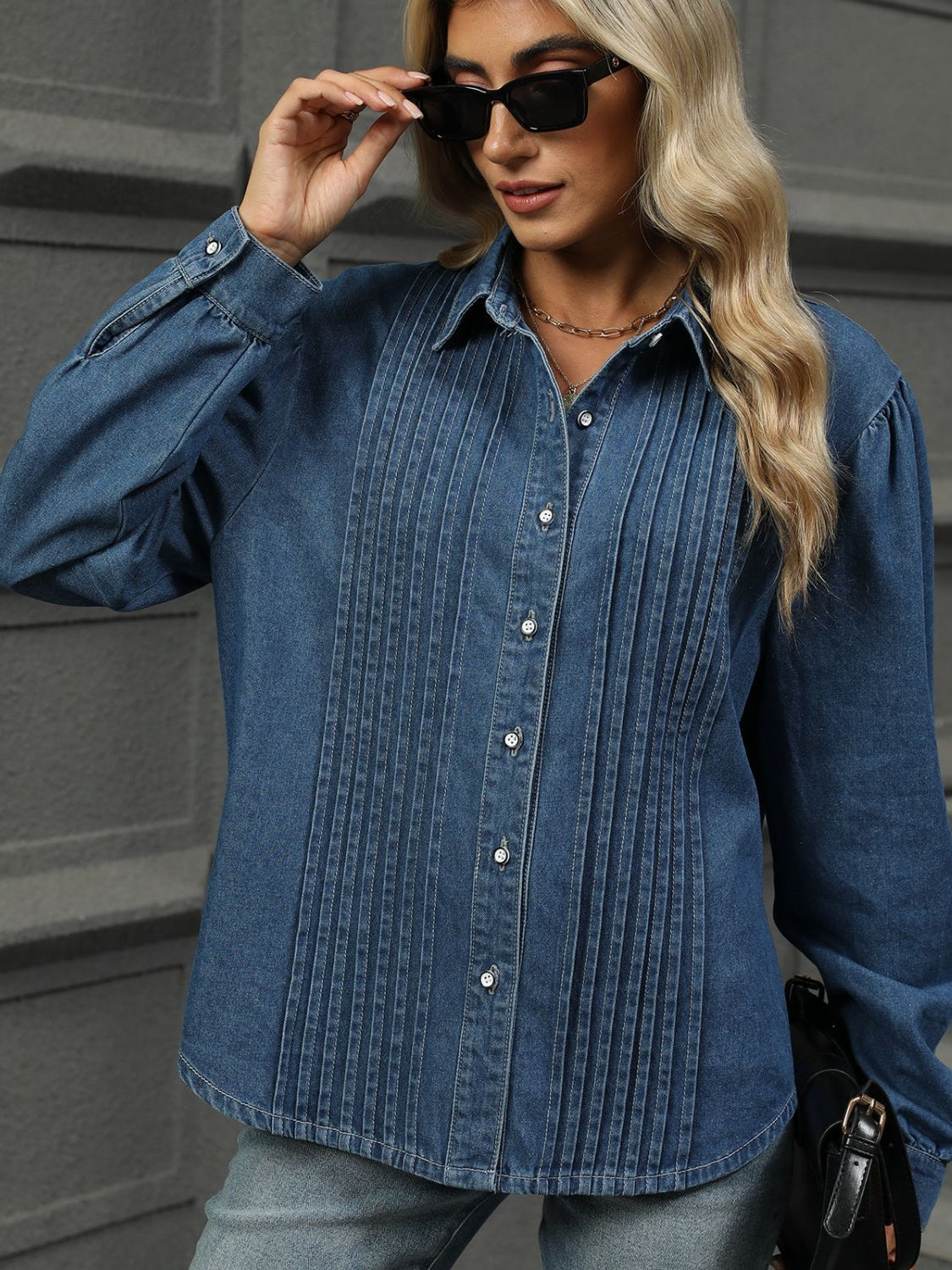 Button Down Collared Neck Long Sleeve Denim Top - Charming Charlie